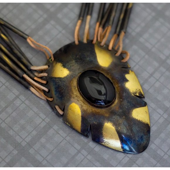 Huge Vintage Boho Black and Gold Necklace 20 inch, G38 - Picture 1 of 3